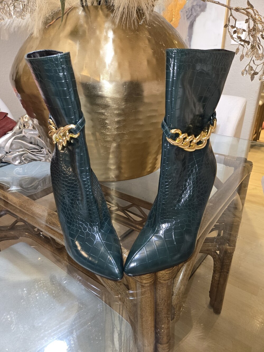 Gold-Chain Dark Green Croc Embossed Pointed Toe Women’s Boots